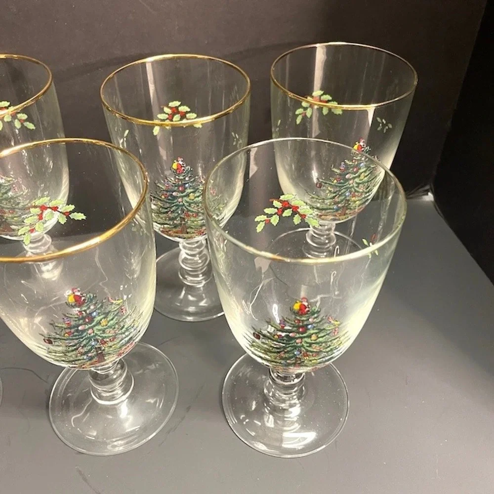 Vintage Spode Christmas Tree 16 oz Pedestal Goblets Mixed Lot Set of 7